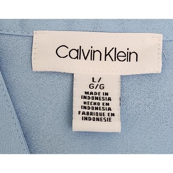 Calvin Klein Blue Zipper Pockets Button Up Top Large Long Roll Tab Sleeves Soft - Picture 5 of 6